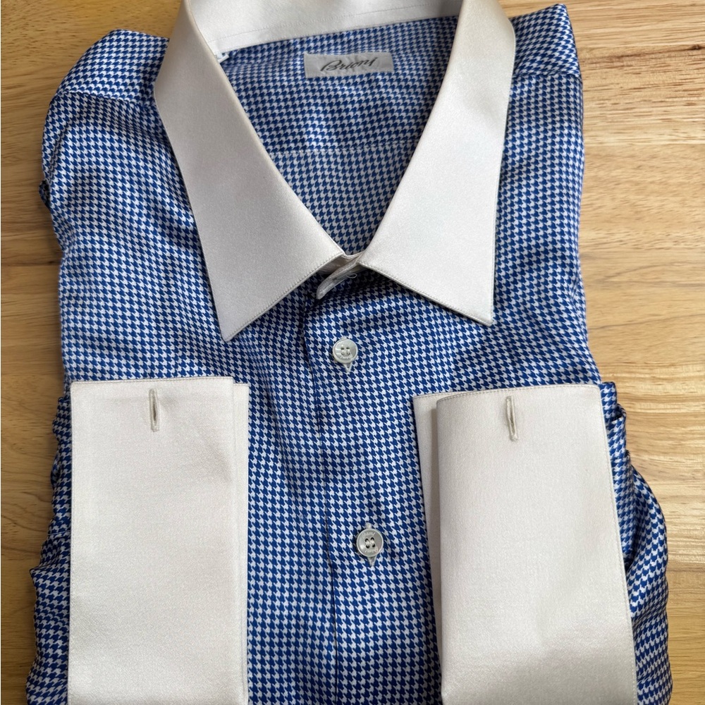 BRIONI Blue and White Luxury Silk Men's Shirt with French Cuffs